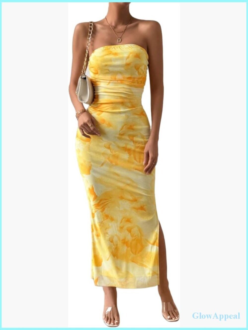 Strapless Maxi Dress Bodycon Ruched Mesh Overlay Side Slit Formal